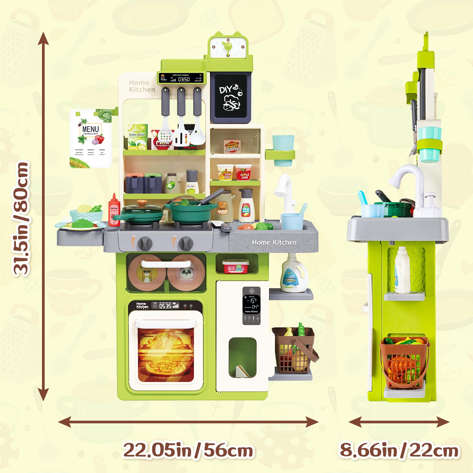 deAO Cucina giochi per bambini con luce sonora acqua vapore e accessori da cucina, set da cucina per bambini con frigorifero, lavastoviglie, fornello, forno, cucina, giocattolo per bambini dai 3 anni