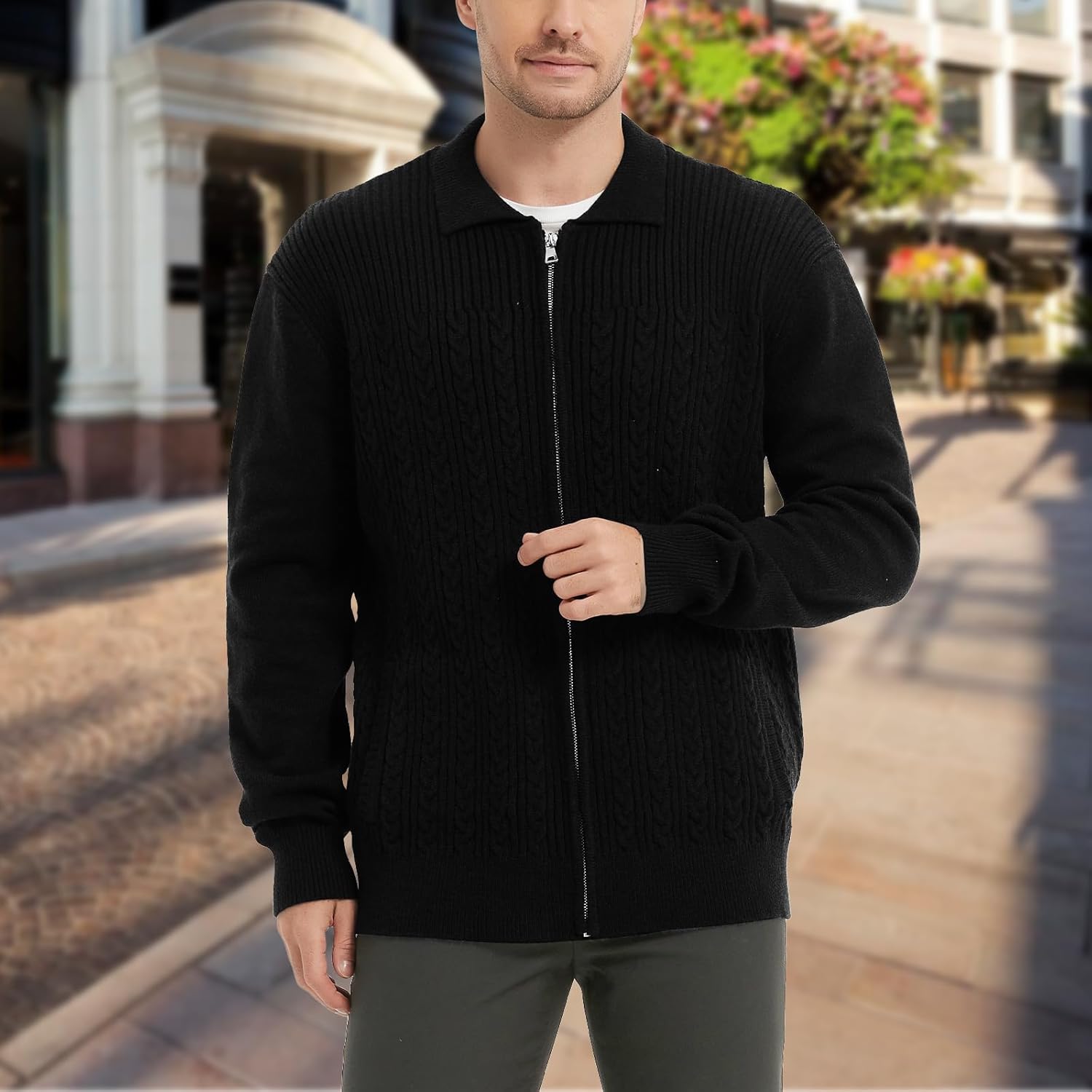 Men's Cardigan Sweaters Slim Full Zip Up Sweater Stand Collar Long Sleeve Cable Knit Cardigans with Two Front Pockets - Image 5