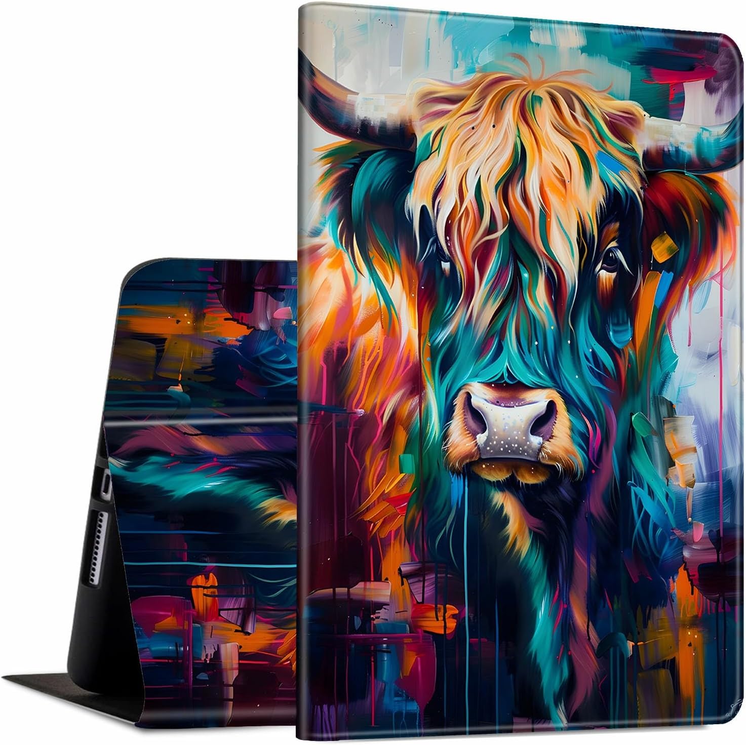 for iPad Pro 13 Inch Case M4 2024 7th Generation Highland Cow Art Design Soft TPU Shockproof Protective PU Leather Slim Smart Folio Cover Shell Adjustable Stand Kickstand Auto Sleep/Wake