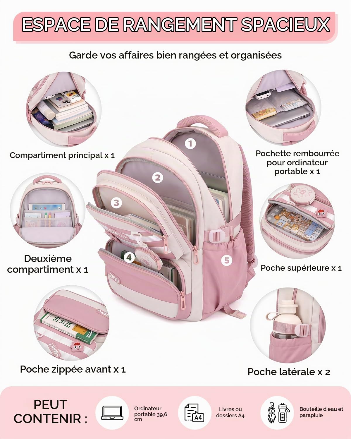 Tanou Cartable a Roulette Fille pour Ecole Primaire et Collège, 30L