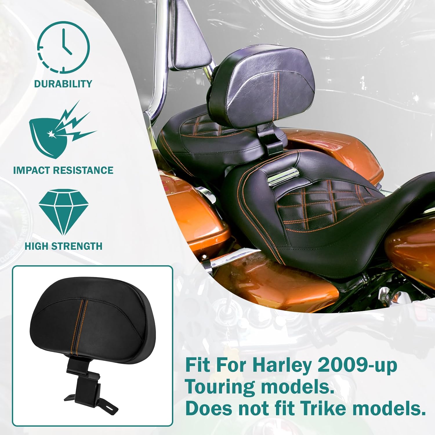 Motorcycle Adjustable Rider Backrest Pad Fit for Harley Touring CVO Street Glide Road Glide Electra Glide 2009-up (Black with orange stitching)