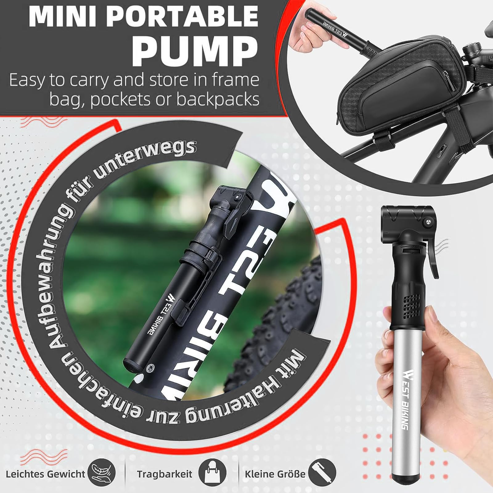 Mini pompa ad aria per bicicletta, piccola pompa per bicicletta, adatta a valvole Presta e Schrader, pompa da telaio ad alta pressione, compatta e leggera, per bici da corsa, mountain bike