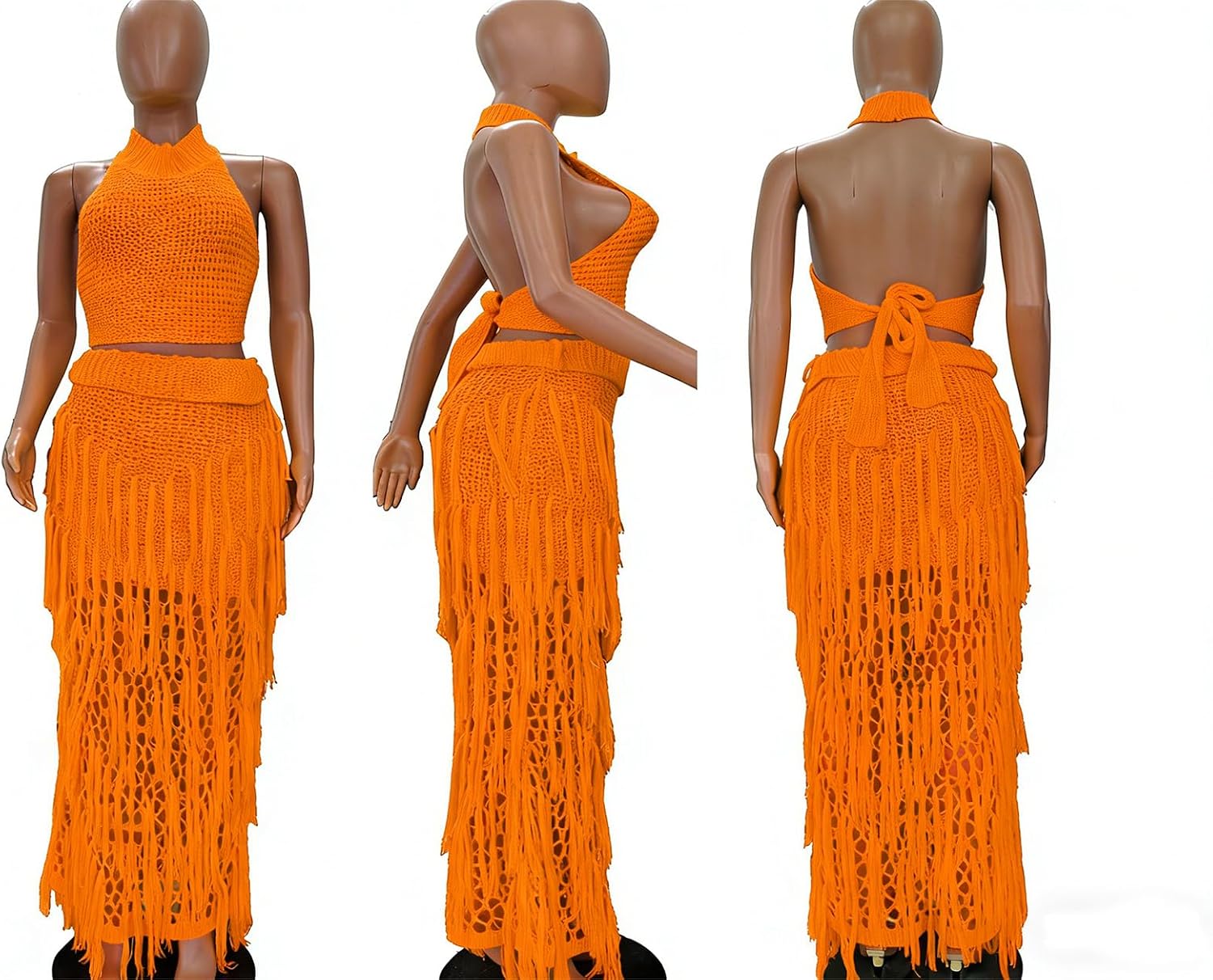 Tcremisa Womens Crochet 2 Piece Sets Summer Halter Crop Tops and Bodycon Long Skirts Set Fringe Outfits Beach Vacation