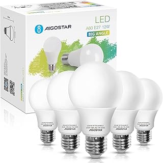 Aigostar Lampadine LED E27 12W (equivalenti a 81W), Luce Fredda 6500K, 1170 lumen, A60 LED Lampadina Super Luminosa, Pacco da 5