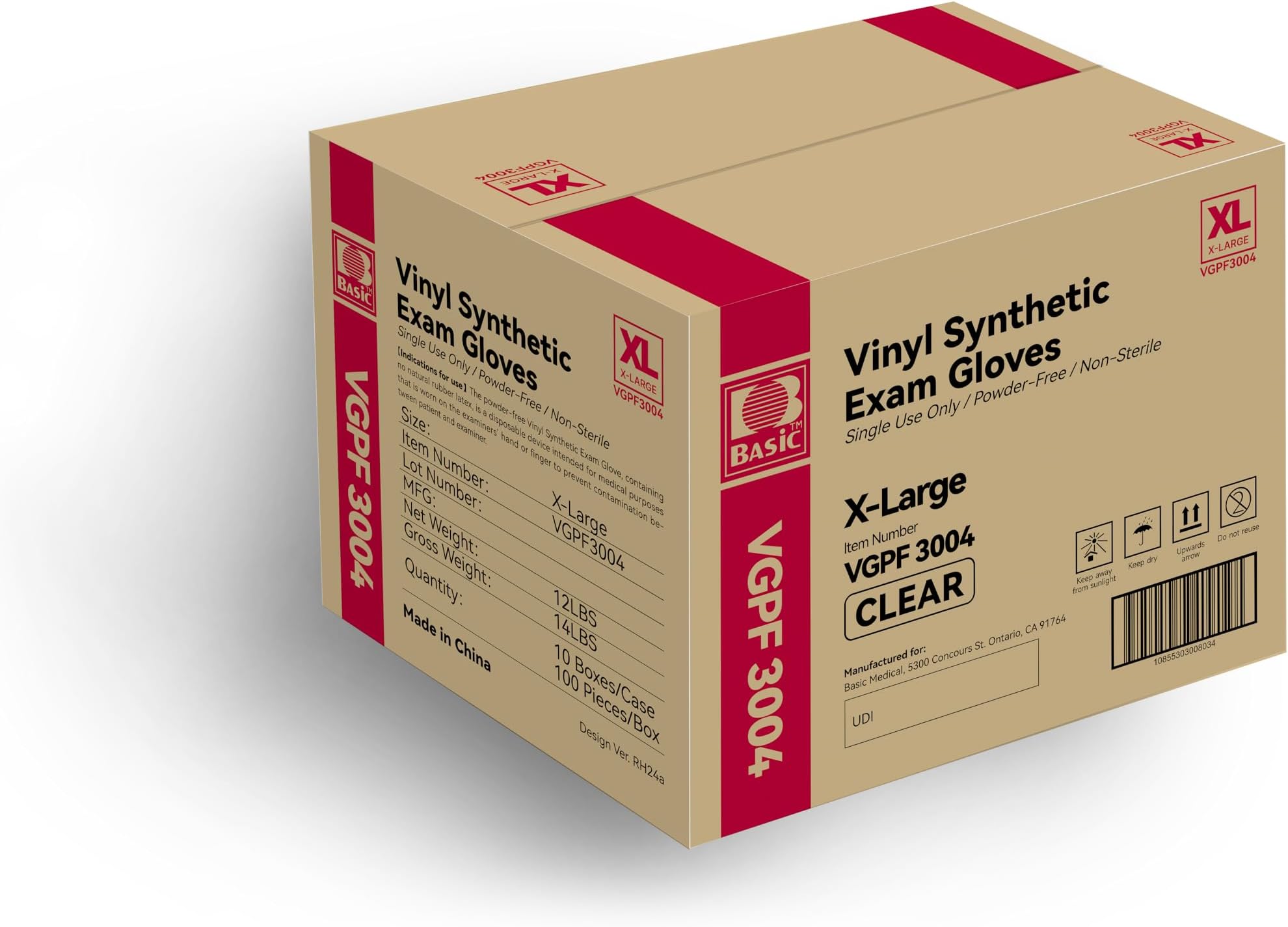 Basic Diagnostic VGPF3004 Clear Vinyl Exam Gloves, Latex-Free & Powder-Free, Extra-Large, Pack of 1000