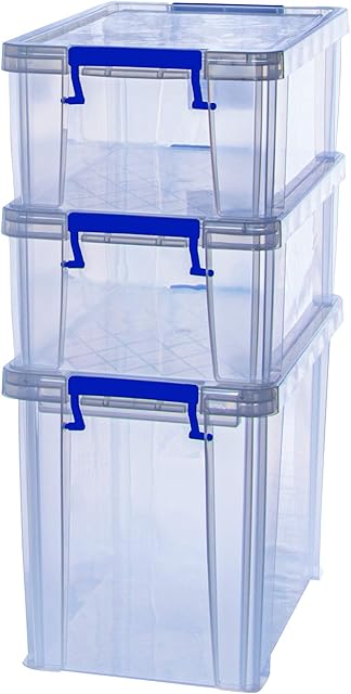 BANKERS BOX 3 2 x 10L, 1 x 18.5L Plastic Storage Box with Lids, ProStore Super Strong Stackable Plastic Storage Boxes, Clear