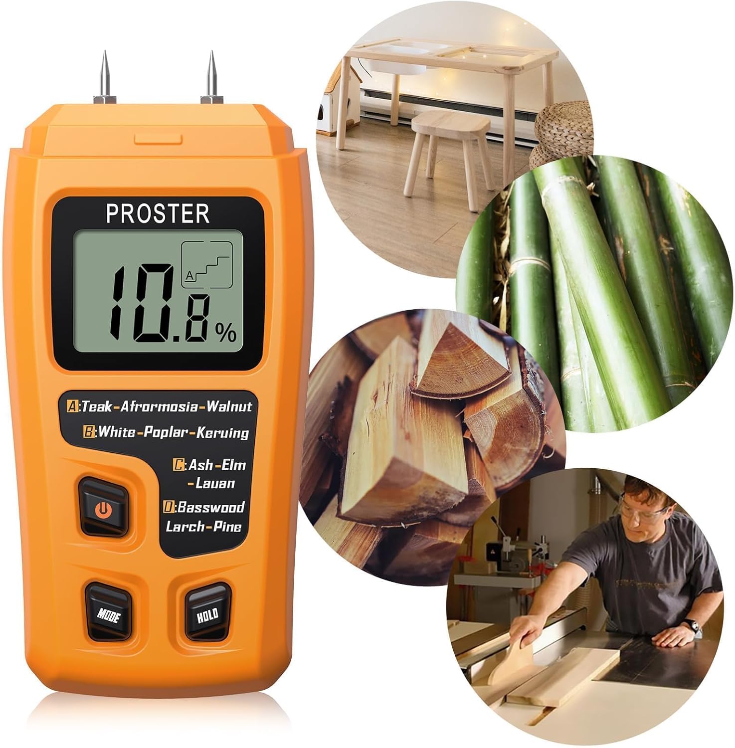 Proster Wood Moisture Meter measuring wood and other materials