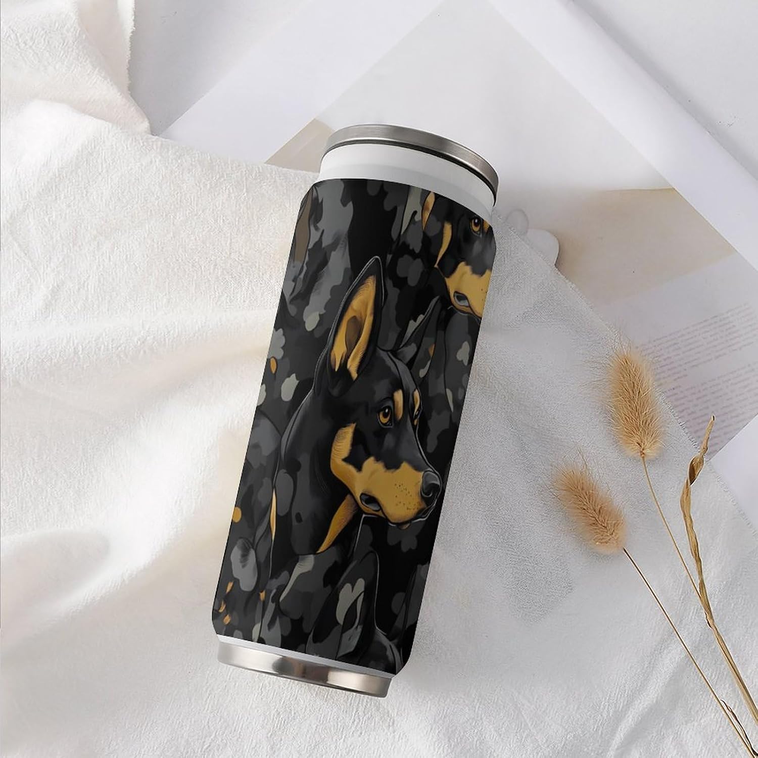 Doberman Dogs Camouflage Portable Cola Can Shaped Insulated Tumbler with Sippy Cup Lid for Hard Seltzer Beer Drinks