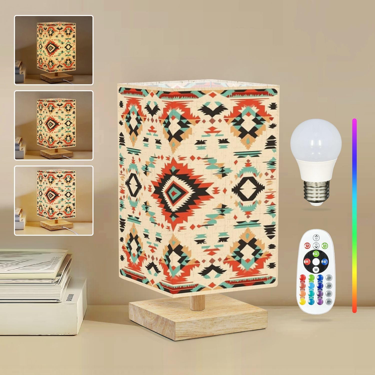 Bedside Table Lamp Native Southwest Aztec Navajo Seamless Pattern Tribal 16-Way Dimmable Small Desk Lamp with Square Flaxen Fabric Shade for Nightstand Bedroom Living Room Home Decor
