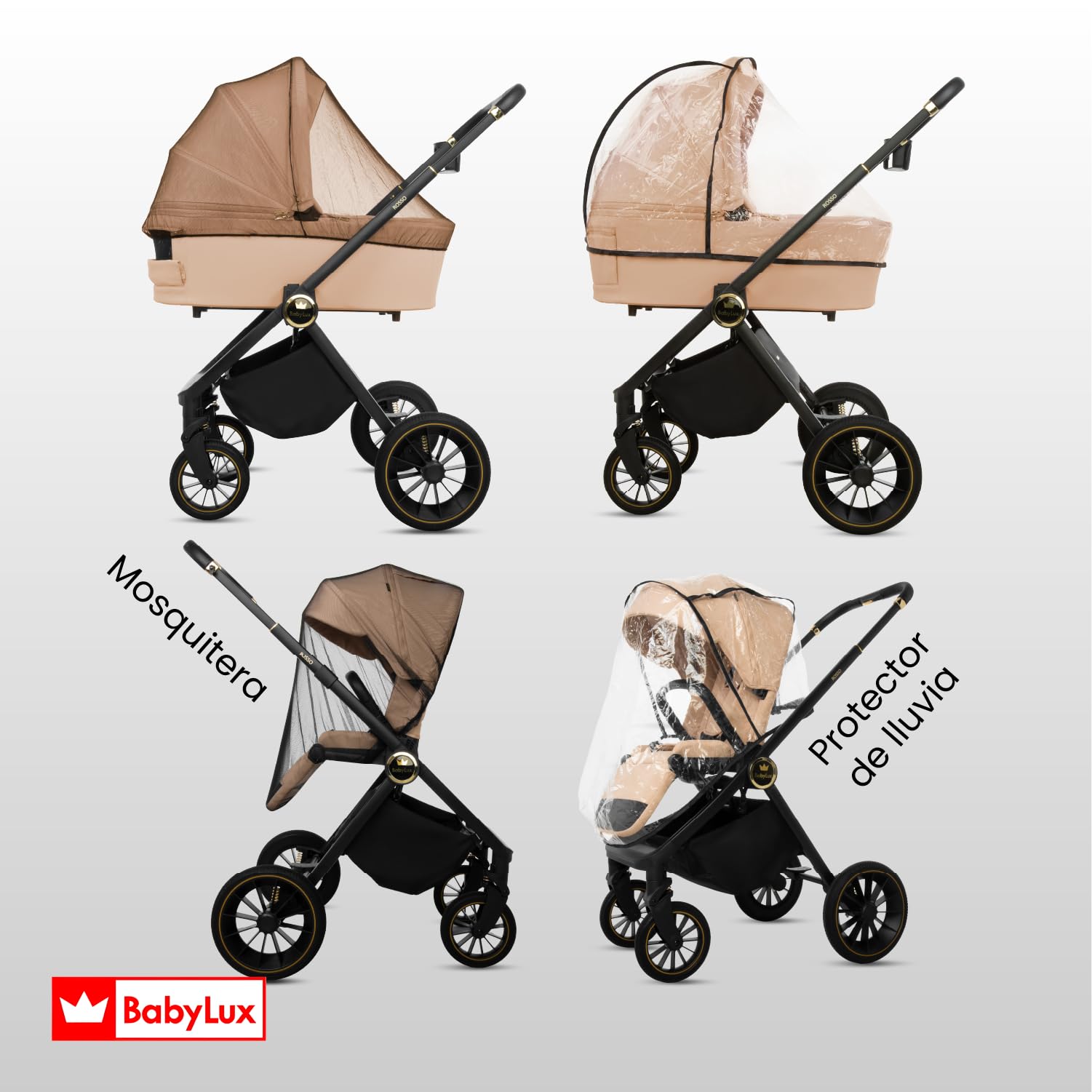 BabyLux® Carrito Bebe 2en1 ROSSO, Conjunto de Cochecito Ligero y Plegable Que Incluye Capazo, Silla de Paseo, Bolso Cambiador y Más Accesorios, 4 Posiciones de Reclinado, 0-22kg, Protección UV 50+