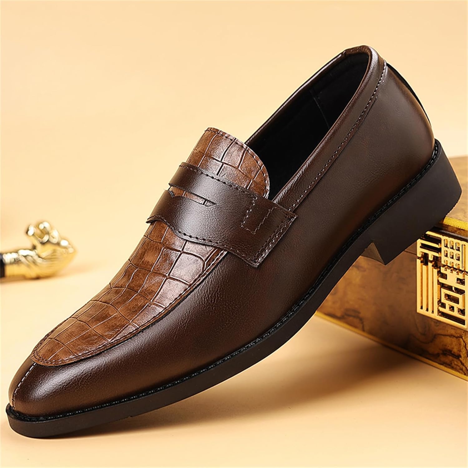 Men's Vintage Crocodile Print Slip On Dress Shoes Formal Business Tuxedo Suit Penny Loafers