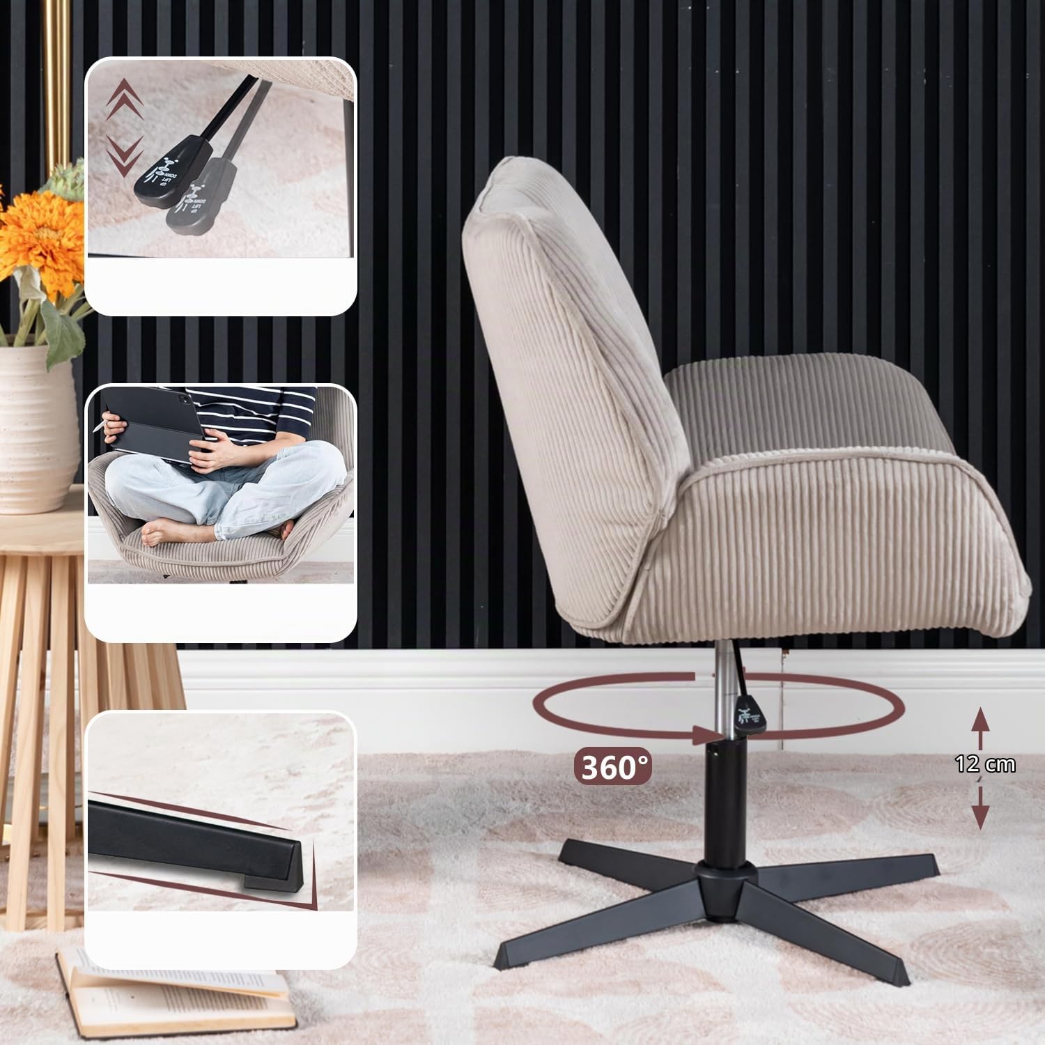 MEUBLE Cosy Sillón Giratoria 360° Butaca de Salón para Dormitorio Oficina Silla con Reposabrazos Asiento Grueso Respaldo sin Ruedas en Pana Taupe