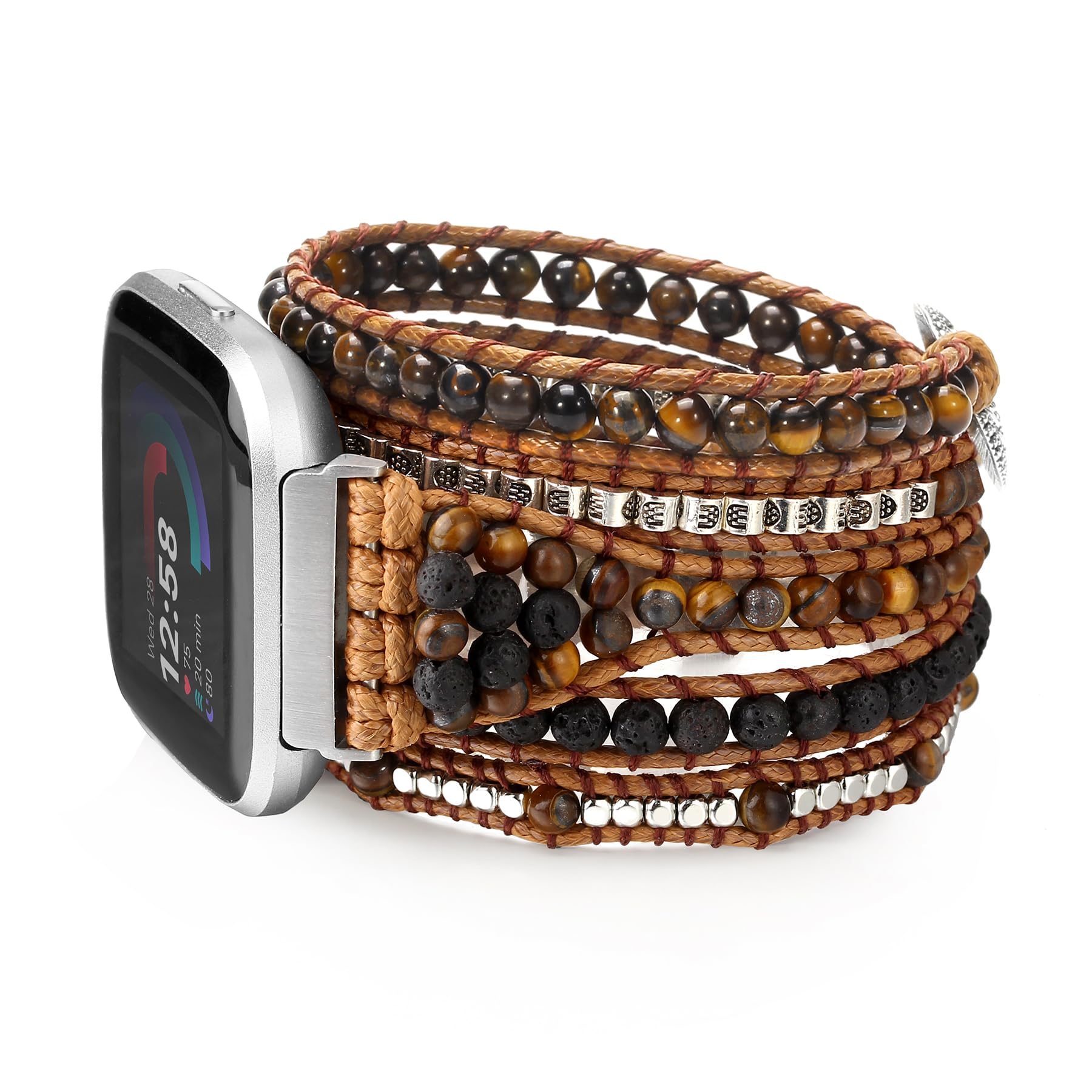 Pasek kompatybilny z Fitbit Versa 4, 3, Sense 2, Sense Band dla kobiet, skórzany pasek z koralikami naturalny kamień zawijany Boho Watch Band do Fitbit Versa 4 Band wymienny