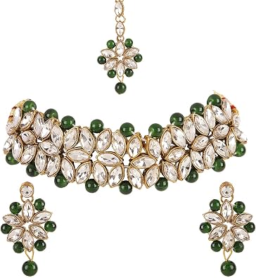Jewar Necklace Set Antique Ad Cz & Color Stone Work Traditional Choker Design Jewelry With Tika For Women
