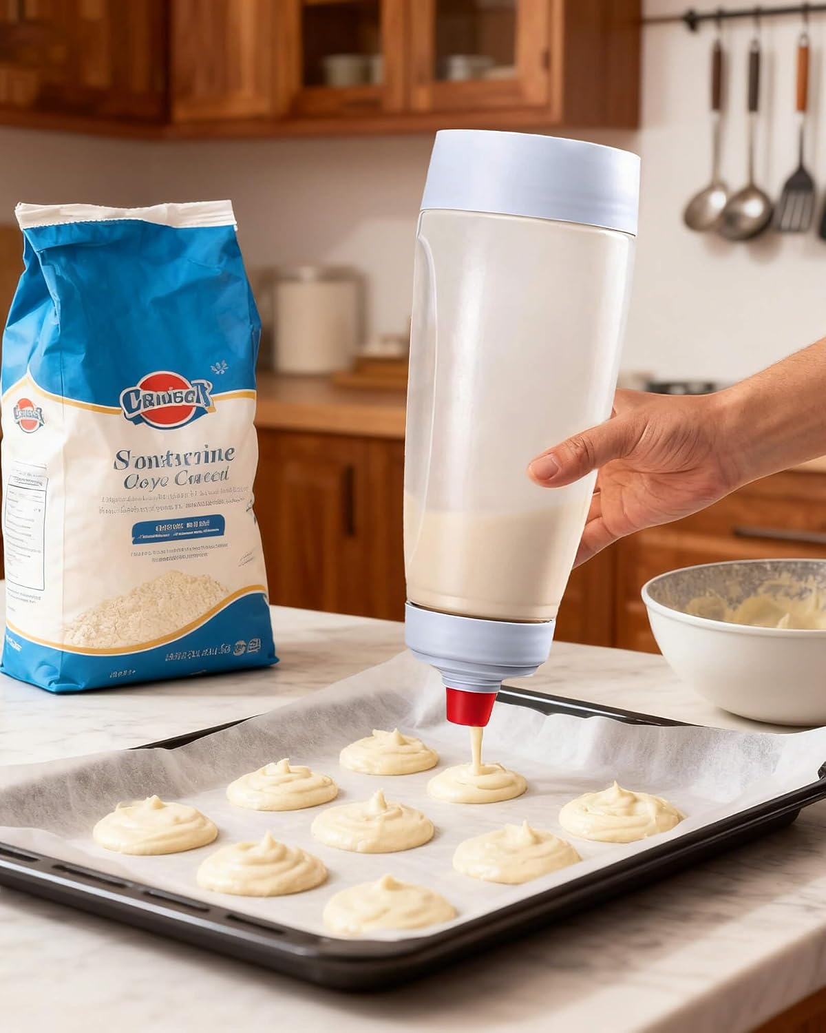 Pancake Batter Dispenser & Mixer with BlenderBall Whisk, 2-Pack 33oz Leak-Proof Squeeze Bottles with Base for Pancakes, Crepes, Waffles, Muffins & Cupcakes