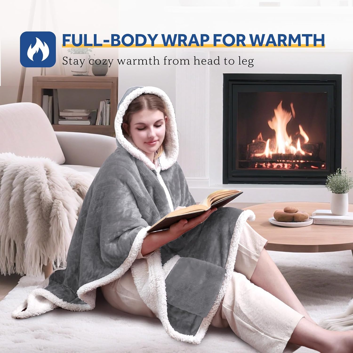 Sealy Heated Throw Wearable Shawl Wrap with Pockets, Reversible Flannel to Sherpa Electric Blanket Hoodie Poncho with 6 Heating Levels & 2-10 Hours Time Settings, 50 X 60 Inch, Light Grey