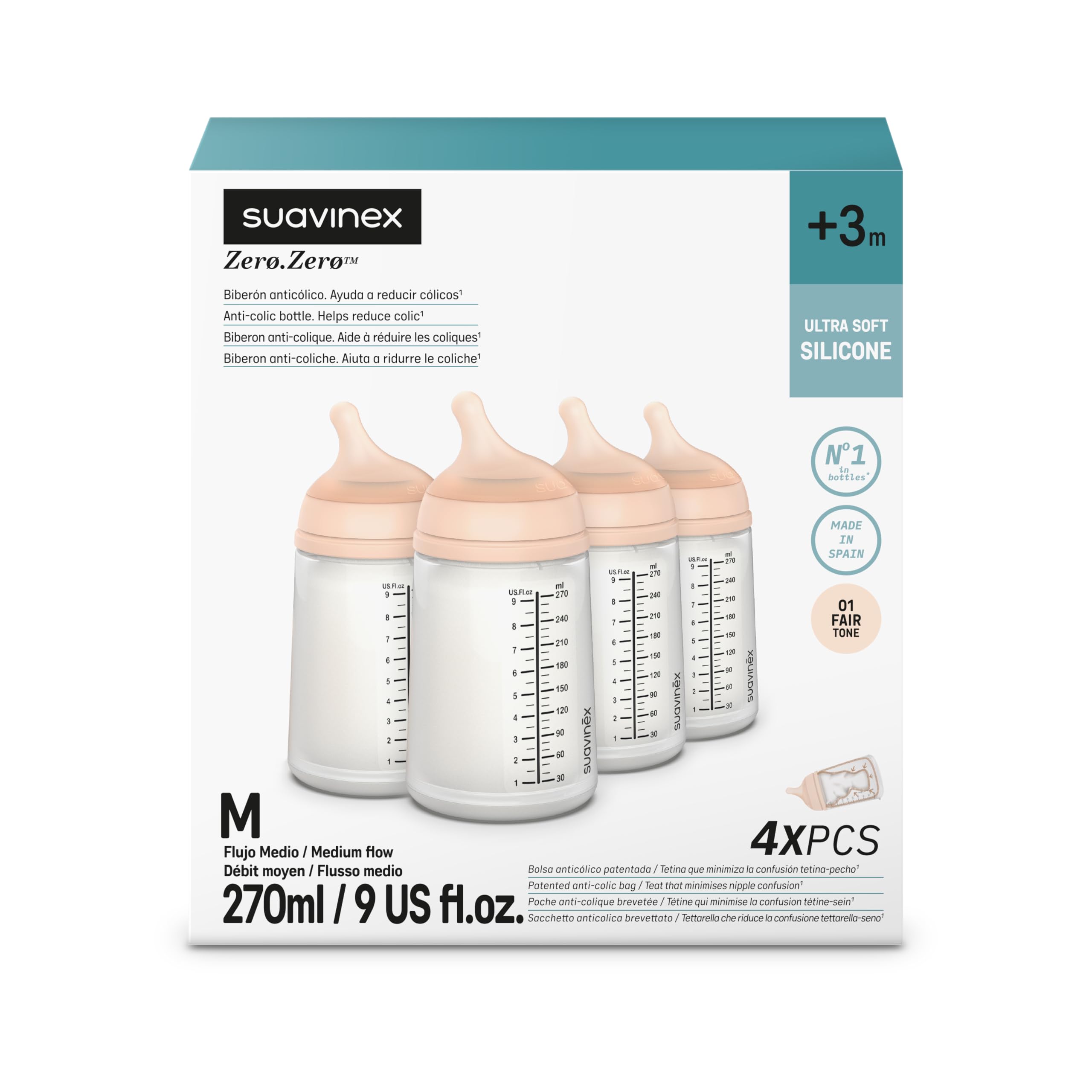 Suavinex, 4er Pack Anti-Colic Babyflasche Zero Zero,mit mittlerem Silikonsauger (M), für Babys ab 3 Monaten, Empfohlen für gestillte Babys und Flaschennahrung, 270 ml, Fair