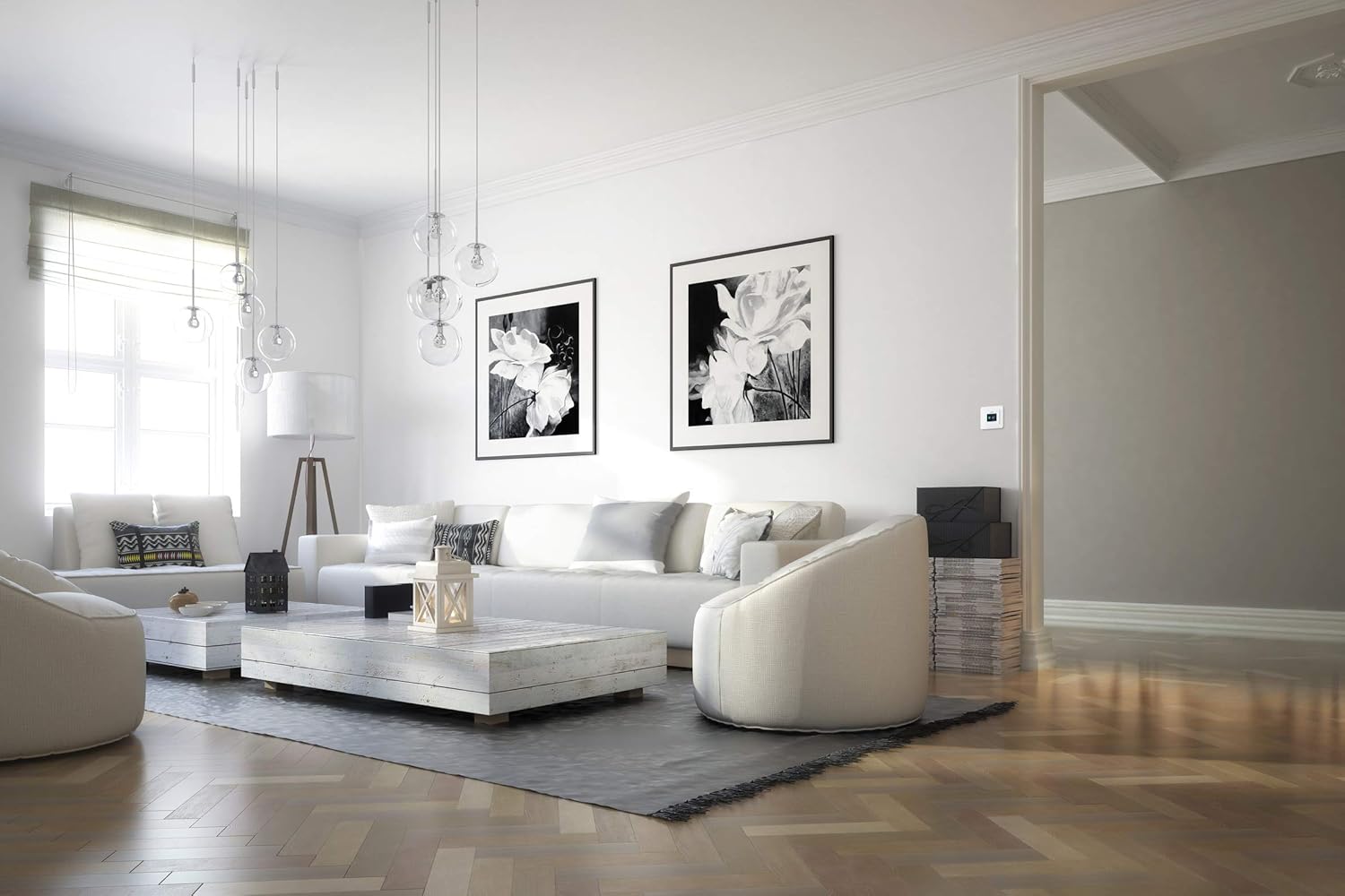 ETHERMA eTOUCH-eco Thermostat installed on a white wall in a modern living room setting.