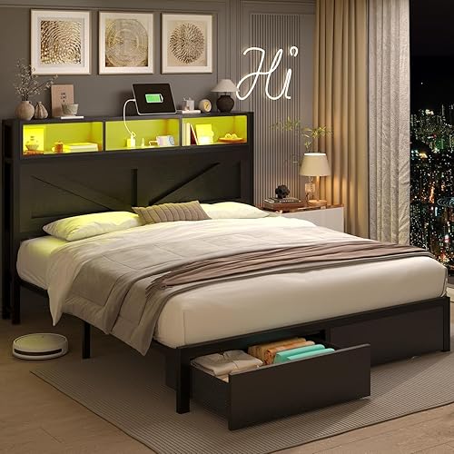 Miniatura 4 de Marco de cama Queen de granja con cabecero de estantería y cajones de almacenamiento, luces LED y estación de carga, no necesita somier, sin ruido,
