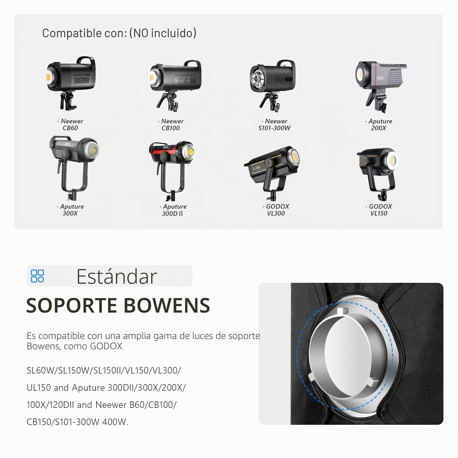 NEEWER 60 X 90cm/23,6" X 35,4" Difusor de Luz Suave Softbox Rectangular, Compatible con NEEWER S10 - 300W/400W/300W PRO/400W PRO/Vision 4/CB60/CB100/CB150 y Otras Luces de Montaje Bowens, con Bolsa