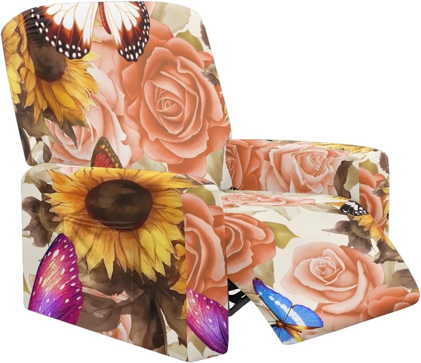 FOR U DESIGNS Roses Sunflower Recliner Slipcover Stretch Protective Cover for Living Room Chairs Washable Covers with Elastic Loops for Reclining Sofas Easy to Install
