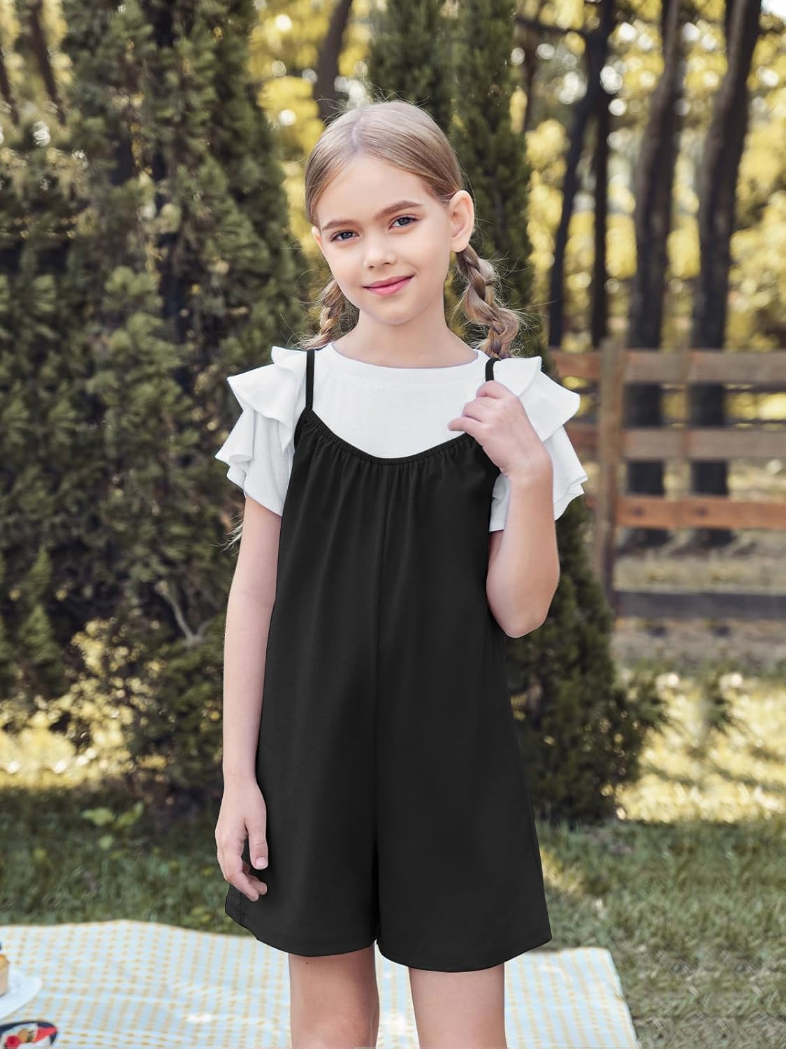 Haloumoning Girls Sleeveless Romper Kids Summer Casual Spaghetti Strap Short Jumpsuit with Pockets 5-14 Years - Image 3