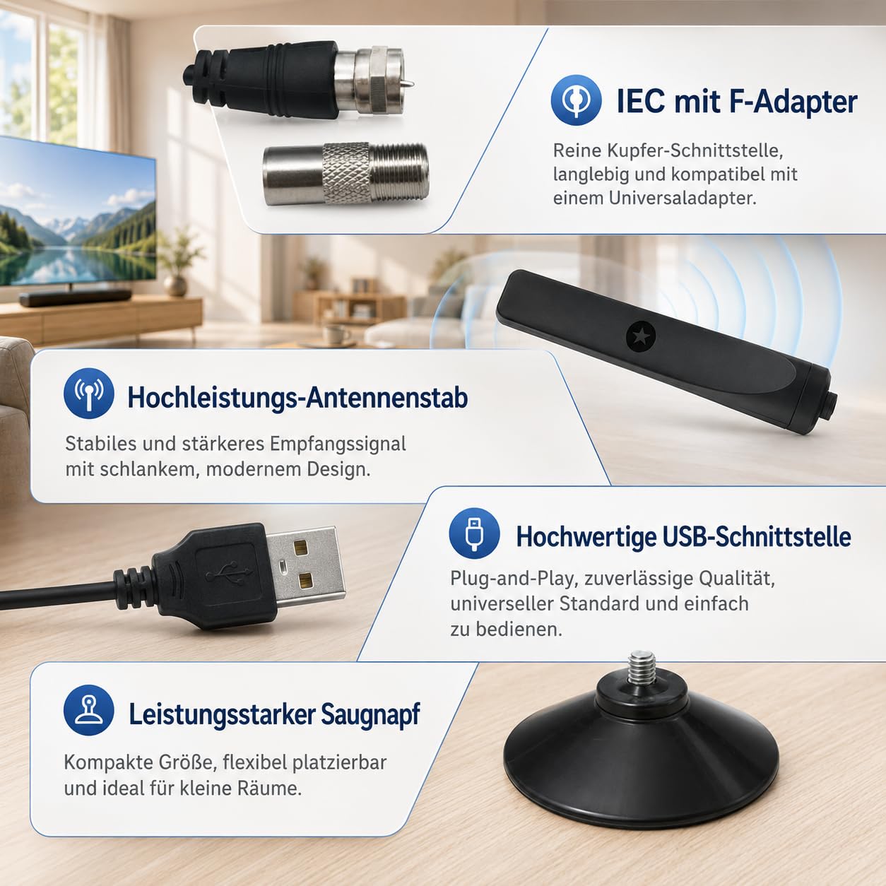 Wave Max Antenne TV Festberg Hitenna HDTV TV Antenne Indoor für Digitale Sender mit Einfachem Anschluss für Fernseher Receiver Wohnmobil und Camping (1 Stück)