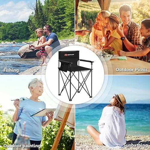 Miniatura 8 de Goplus Silla de camping plegable, silla de playa portátil para exteriores, diseño elevado con reposabrazos desmontables, bolsas de almacenamiento y