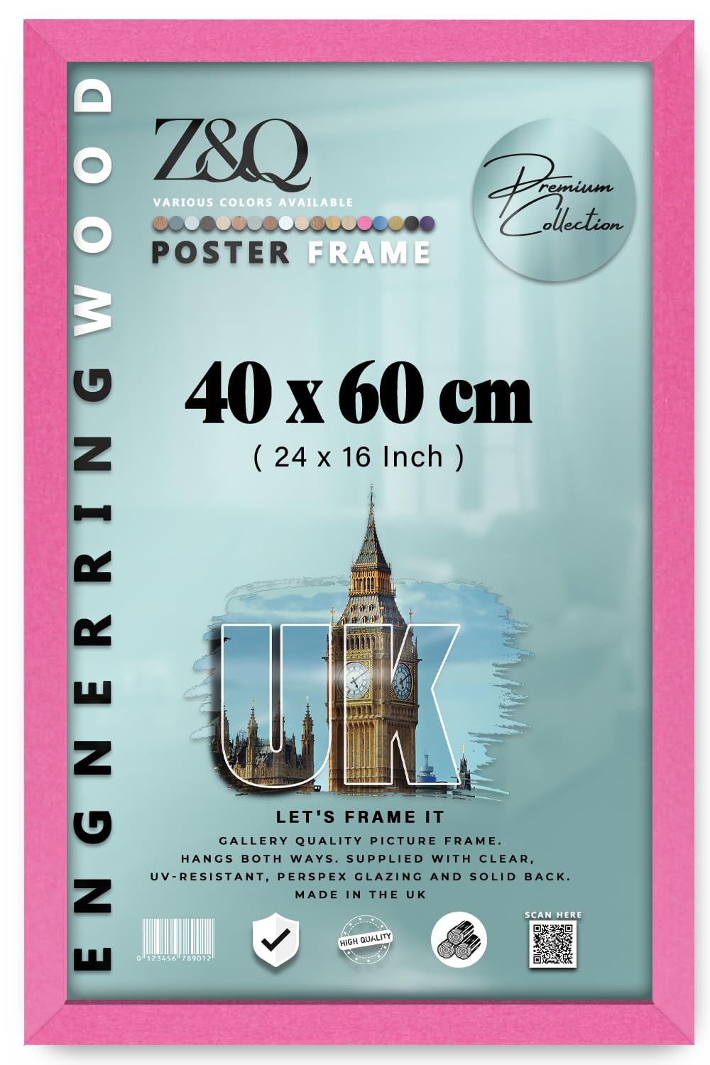 Z&Q | Premium MDF Certificate Frame (40 x 60 CM) Elegant Wooden Texture, Sturdy Art Display 24" x 16" Stylish Office Frame, 400 x 600 mm [ Pink ]