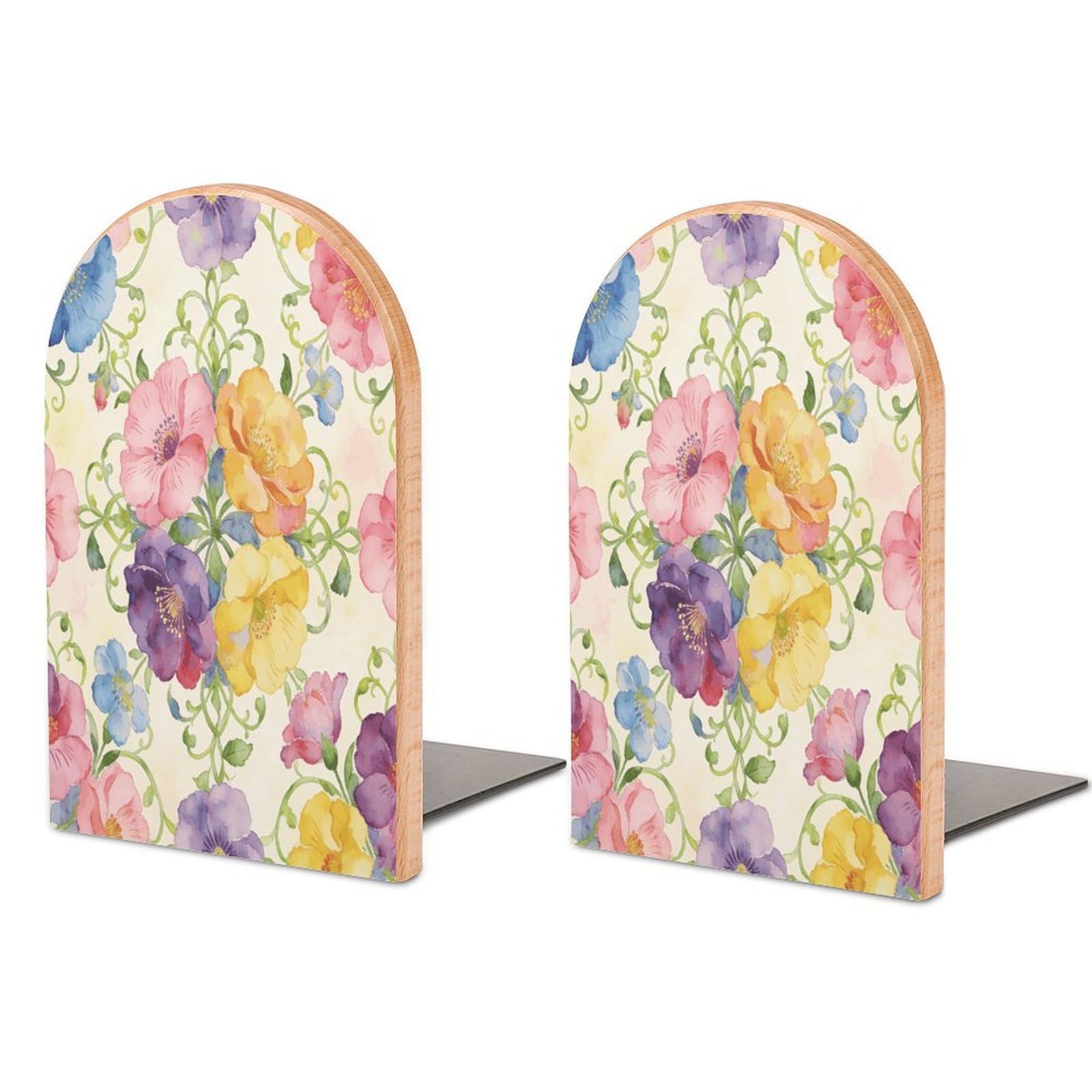 Sujetalibros de madera con flores decorativo y antideslizante para estanterías de casa