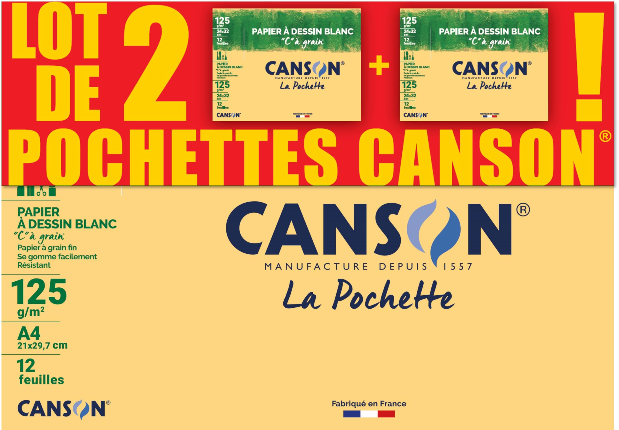 CANSON C à Grain Pack of 2 Pockets 12 Sheets of Drawing Paper 24 x 32 cm 125 g/m² White