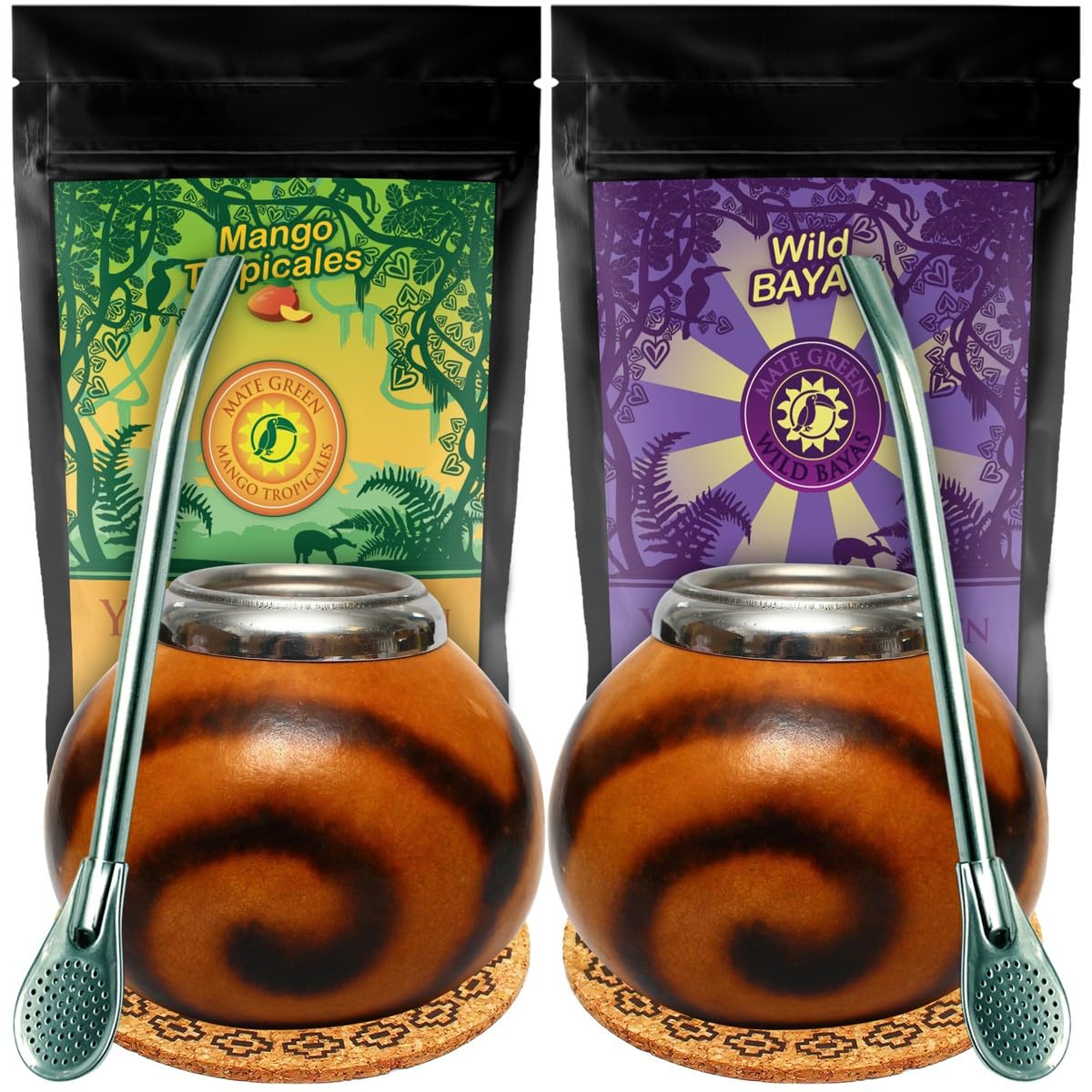 Yerba Mate-Tee Set mit Kalebasse fur Zwei | Brasilian Mate Tee 2x500g mit Mango und Beeren | Natürlich mate-tee becher Kalebasse | Stahl Trinkhalm Bombilla und Accessories