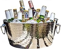 BREKX Anchored Hammered Stainless Steel Beverage Tub - Double-Walled 12QT Insulated Ice Bucket with Hinged Handles for Parties