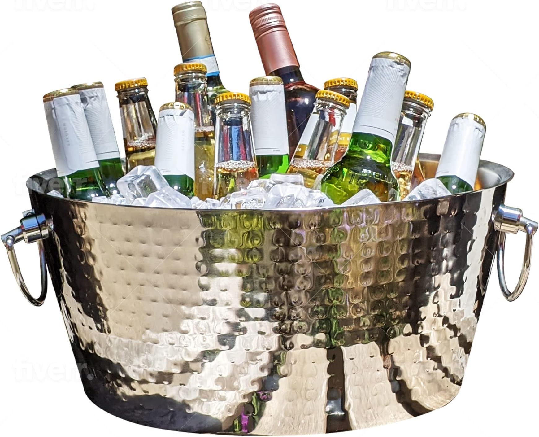 BREKX Anchored Double Walled Hammered Steel Beverage Tub Wine Chiller, Large, Silver
