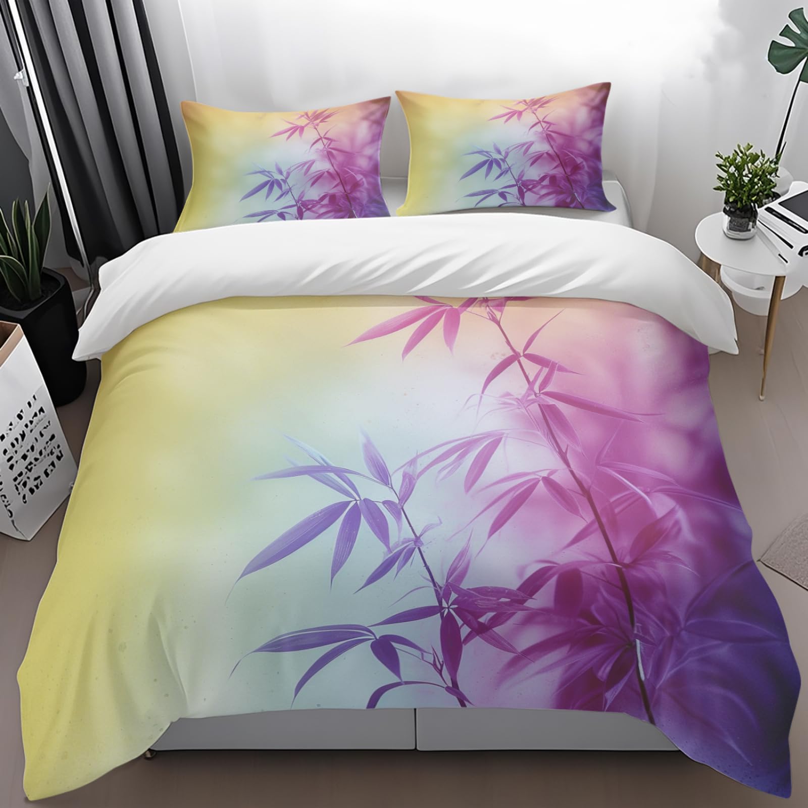Housse de couette 220x240 jaune violet bleu en microfibre avec 2 taies d'oreiller