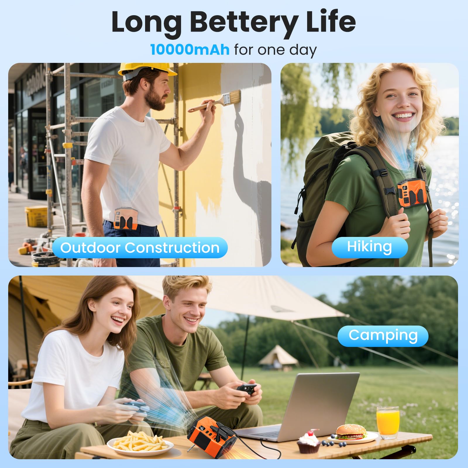 Ventilador de cintura personal portátil recargable, 10000 mAh, 5 velocidades, 13500 rpm, fuerte flujo de aire, luz LED y tiempo de funcionamiento de 30 horas, ventilador manos libres para camisa 5