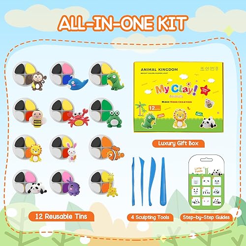 Miniatura 6 de Juego de arcilla mágica para modelar, kit de arcilla seca al aire para niños con herramientas de escultura y tutoriales, 12 cajas de animales,