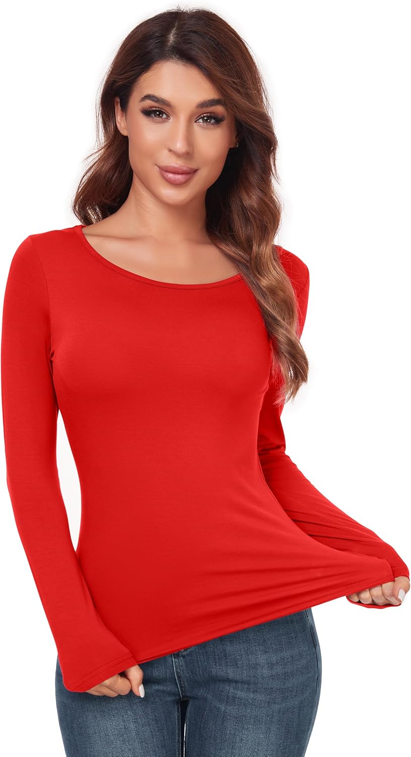 AUHEGN Women's Scoop Neck Tops Long Sleeve Slim Fit T Shirt Thermal Blouse Basic Layer Shirts - Image 4