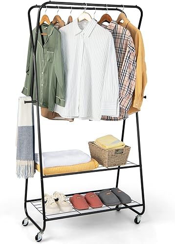 Tangkula Perchero de ropa resistente con estantes perchero de ropa con doble varilla con 4 ganchos perchero portátil para colgar ropa y zapatos