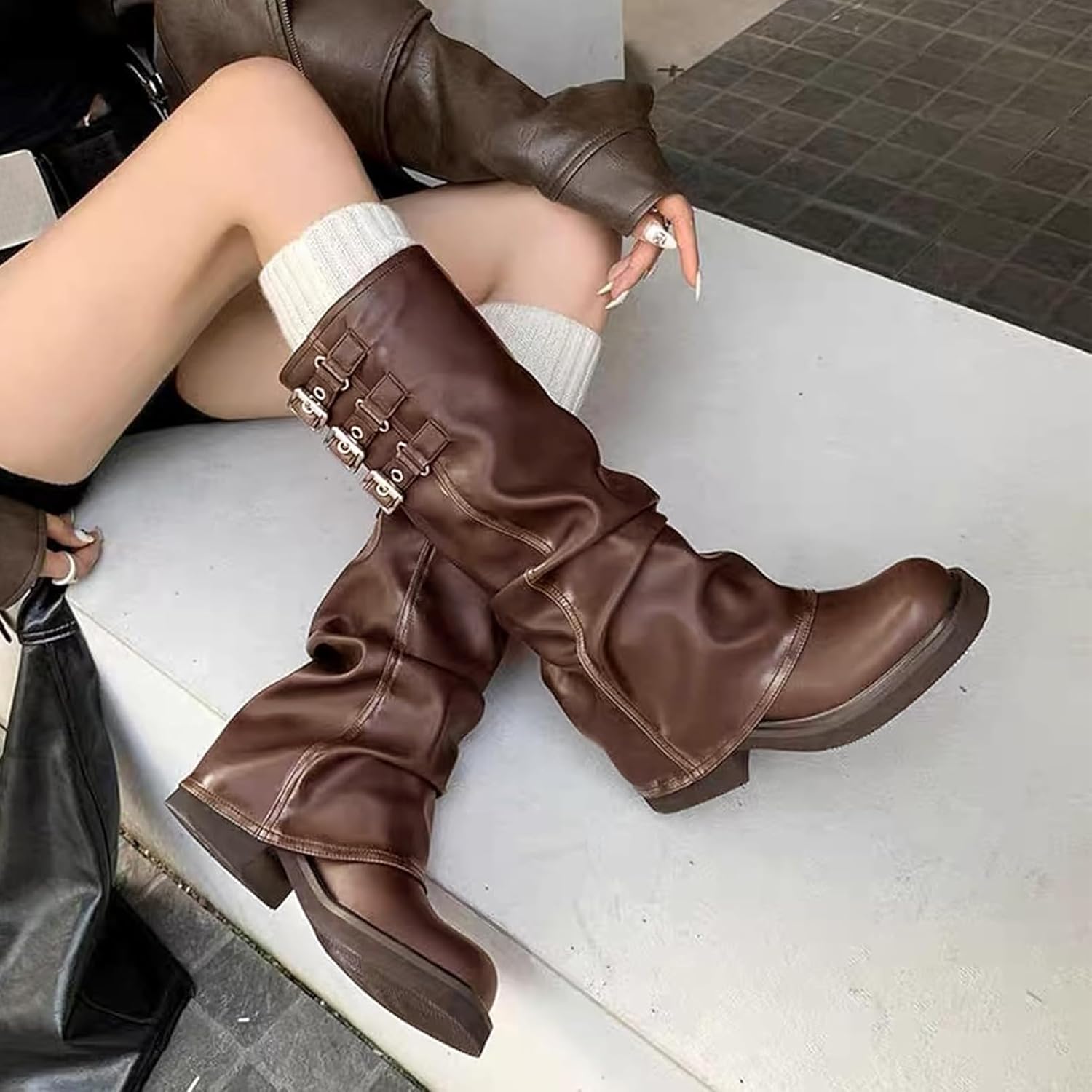 ClassicSter Fold Over Knee High Boots Slouch Boots for Women Chunky Goth Platform Boots,2 inch Heel Wide Calf Long Boots Square Toe Riding Boots - Image 2