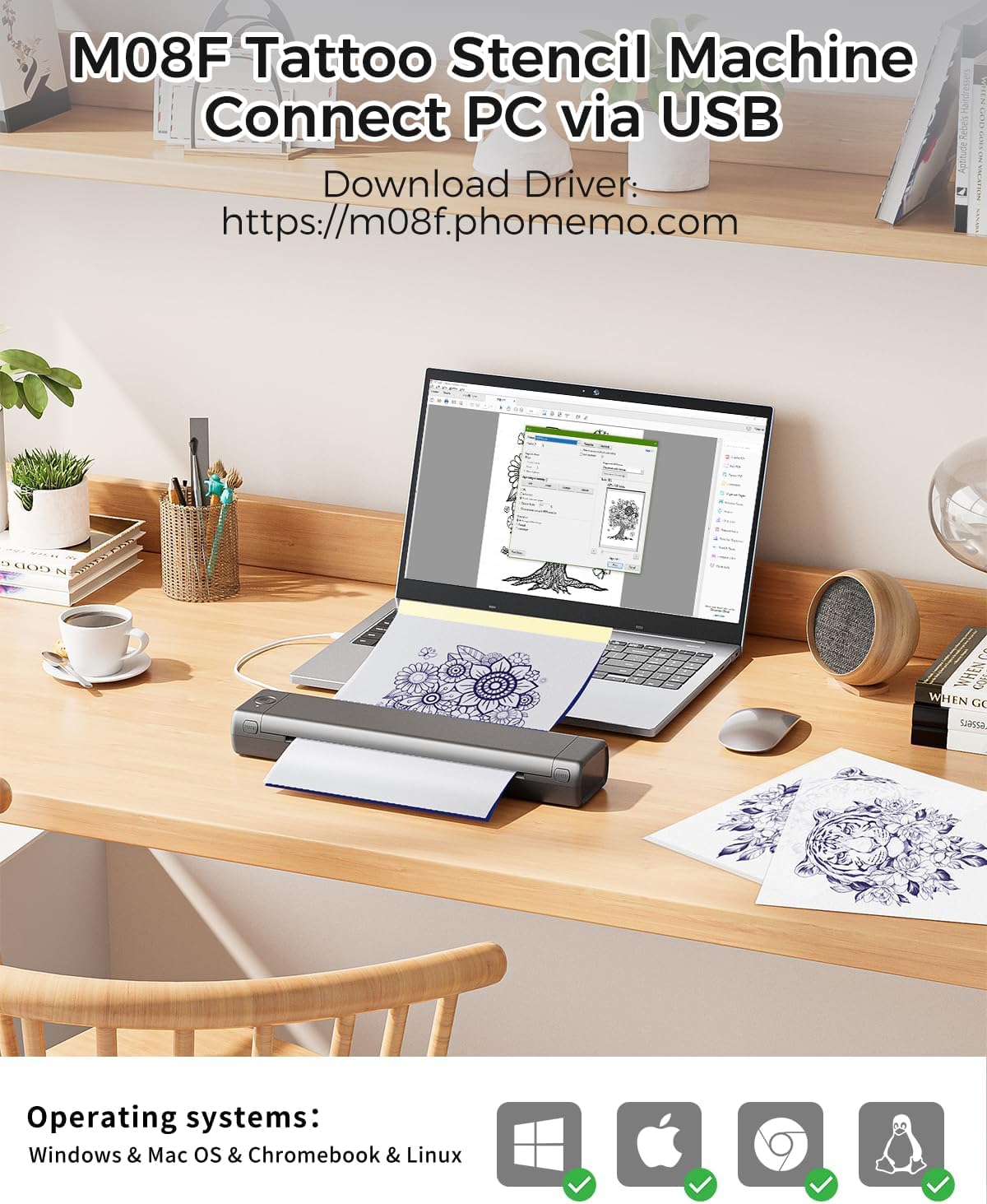 Phomemo M08F Bluetooth Tattoo Stencil Printer & Black Case Portable Wireless Stencil Printer for Tattooing, Compatible with Smartphone & PC, Grey