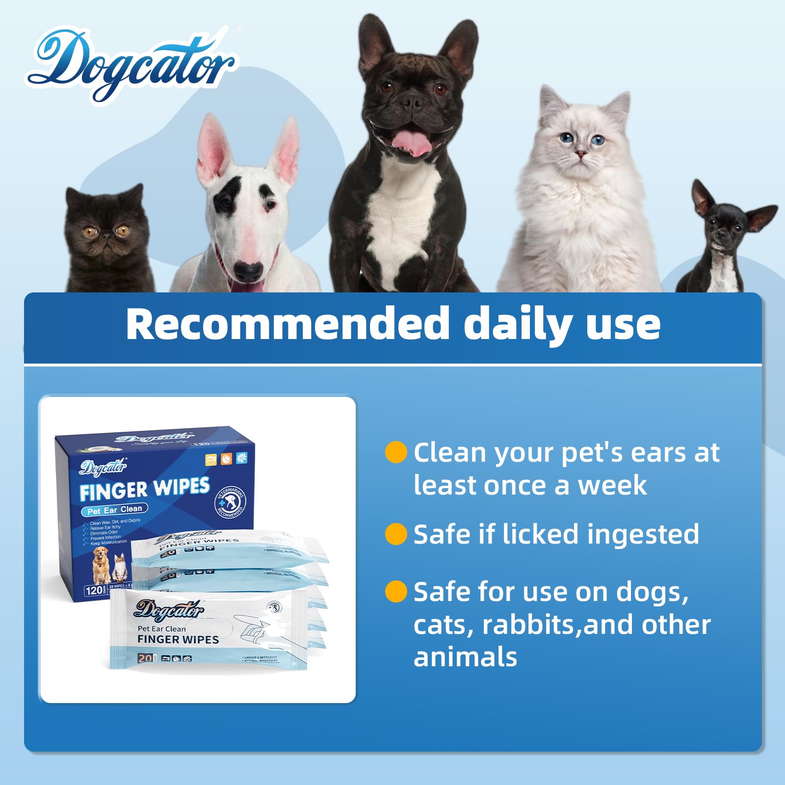 Dog Finger Wipes, 120 Count Ear Cleaner for Dogs Cats Bathing Wipes, Pet Dental Clean Finger Wipes, Natural Puppy Eye Wipes | Soothes Itchy Dry Skin, Coconut Scent Dog Ear Infection Treatment - image 8
