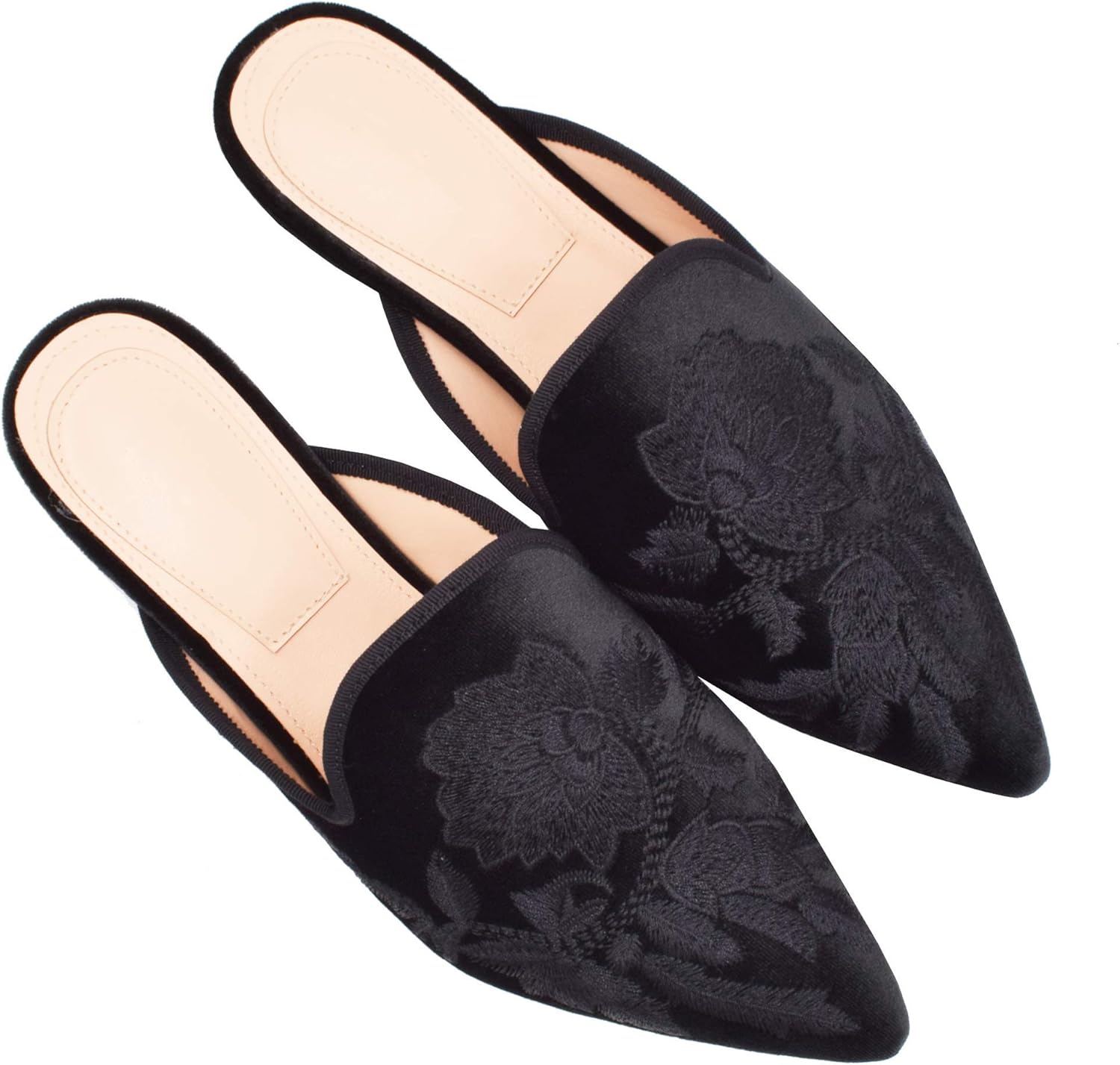 Fericzot Women's Velvet Backless Pointed Toe Slip On Loafers Flats Embroidery Mule Slippers Shoes - Image 4