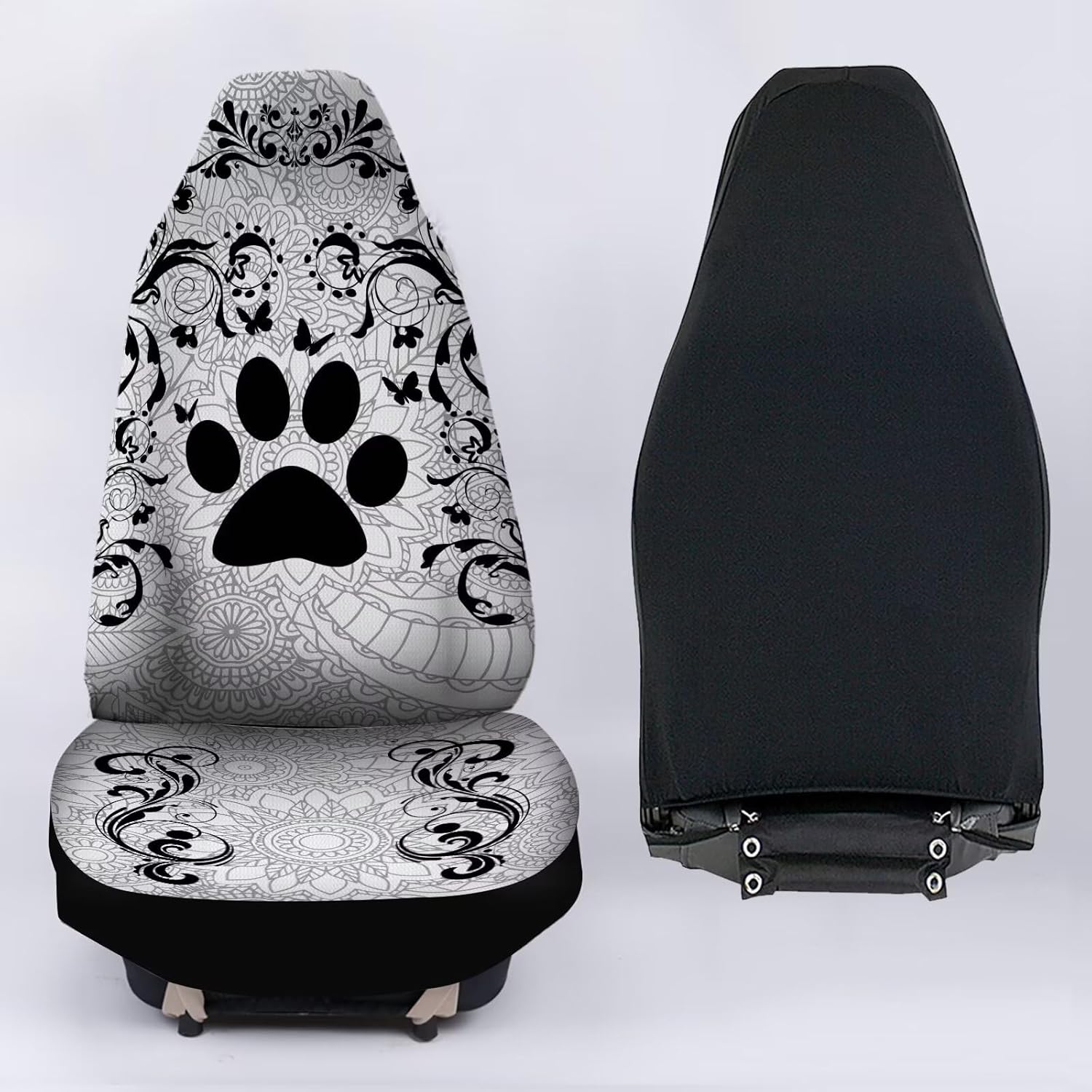 Car Front Seat Covers Full Set of 2, Boho Floral Paw Print Stretchy Waterproof Automotive Interior Accessories Universal Fit Most Vehicles