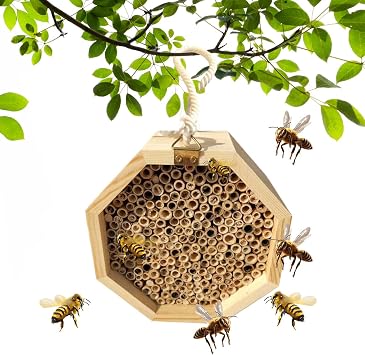 Bee Hotel, Sturdy Wooden Bee Hive, Pollinator House, Butterfly Shelter, Wasp Habitat, Eco Friendly Nesting Box Natural Wood, Garden Backyard Patio, 7.09inches