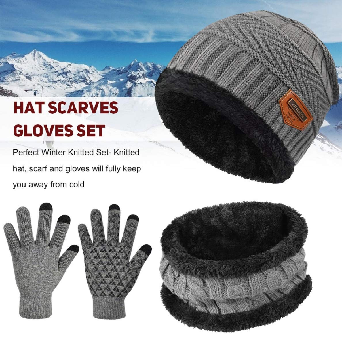 Voqeen Gorras Invierno con Bufanda y Suave Unisexo Beanie Encantador Invierno Guantes Táctiles Antideslizante 3 en 1 de Punto Sombreros Conjunto para Mujeres y Hombres Invierno Regalos(Gris)