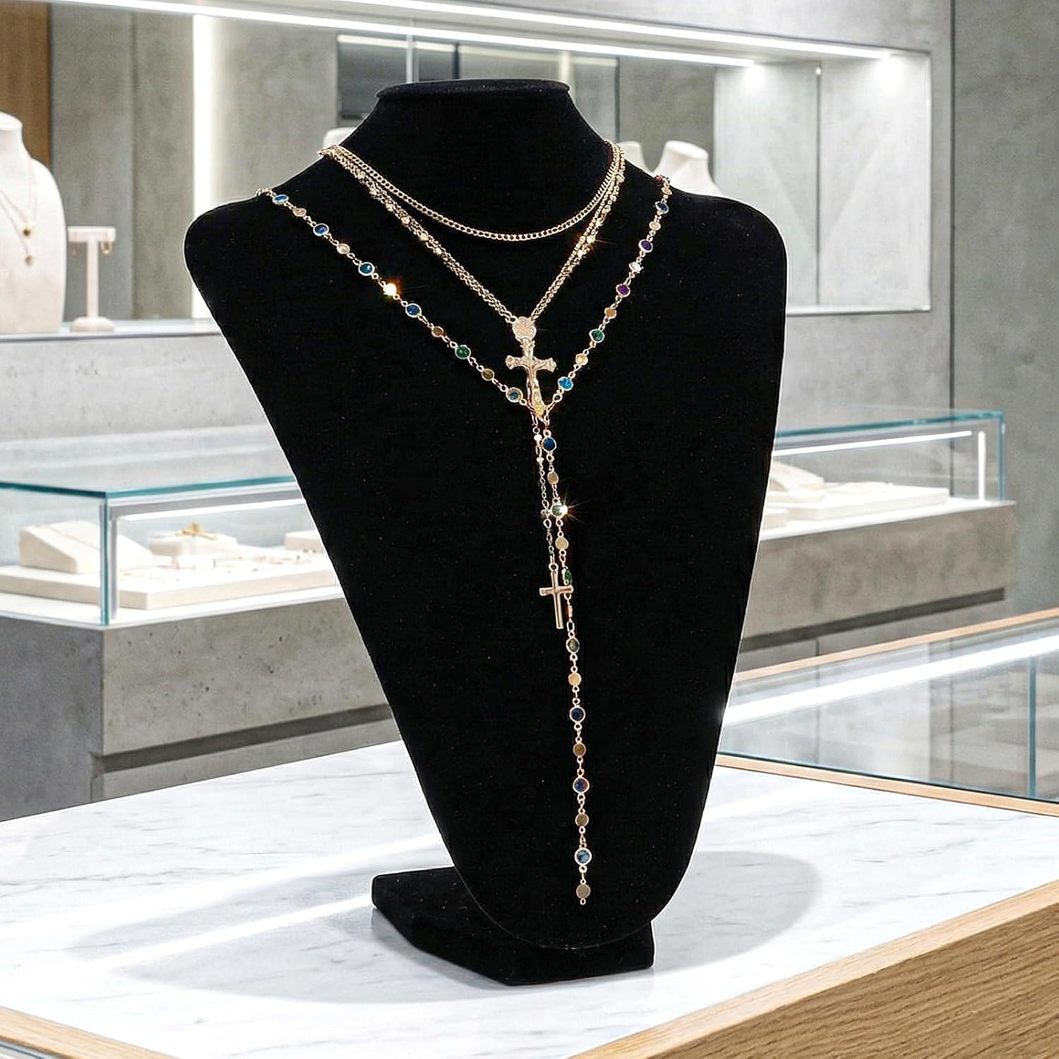 Layered Cross Necklaces Fashion Trendy Gold Stack Chain Bohemian Bead Pearl Y Long Pendant Necklace Adjustable Vintage Rosary Necklace Statement Chunky Jewelry for Women