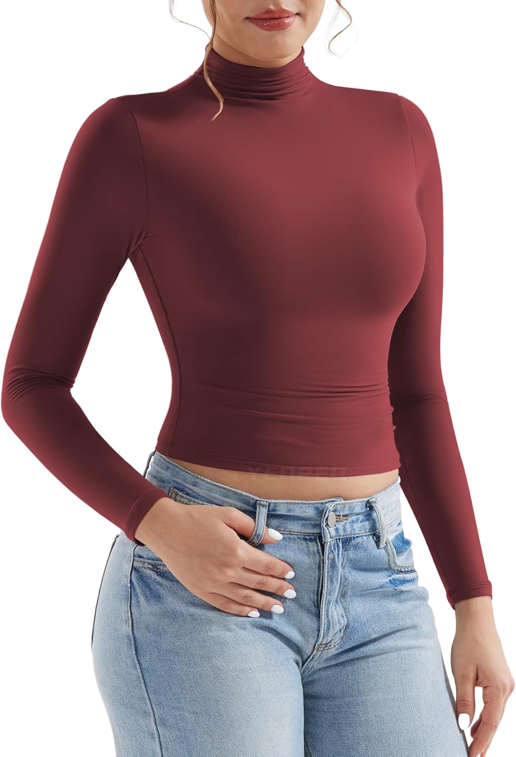 YEOREO Long Sleeve Workout Crop Mock Thermal Turtle Neck Double Lined Base Tops Shirts Women Sariah Y2k Undershirt