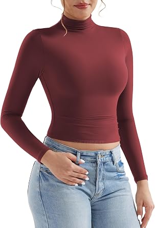 YEOREO Ease Long Sleeve Workout Crop Mock Thermal Turtle Neck Double Lined Base Tops Shirts Women Y2k Undershirt