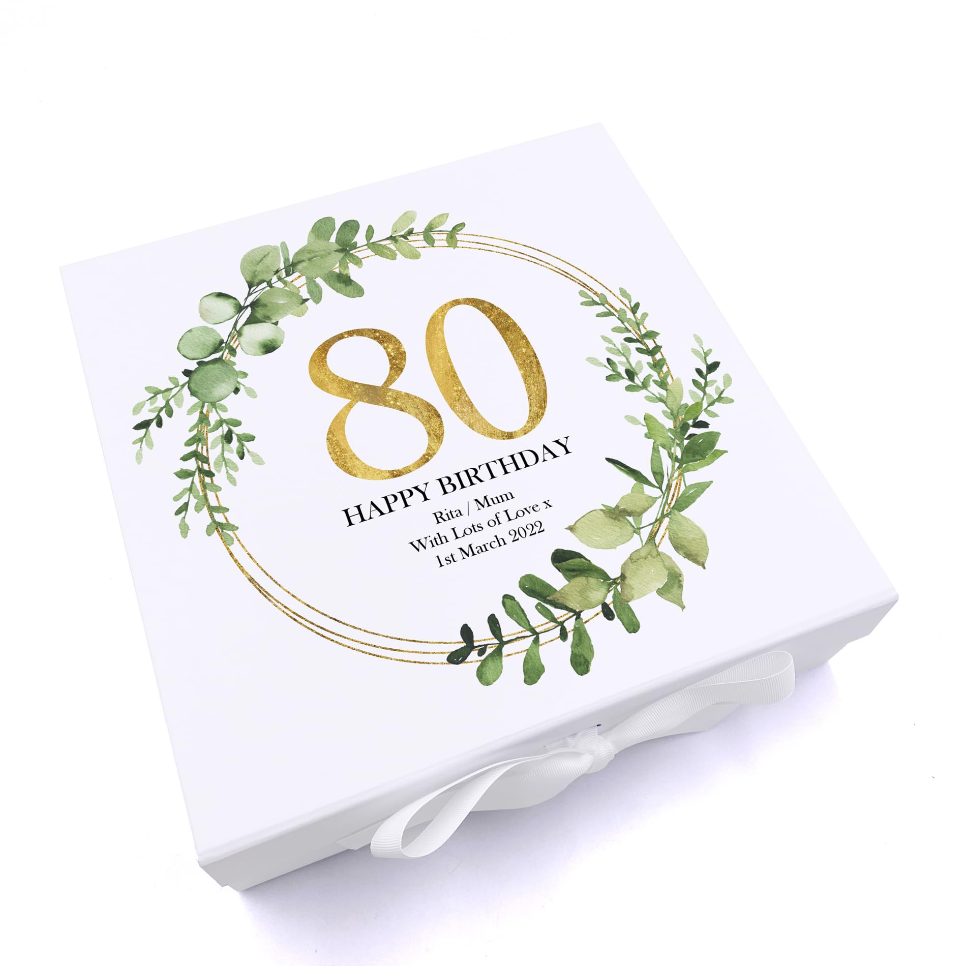 Ukgiftstoreonline White Personalised 80Th Birthday Gift For Her Keepsake Memory Box Gold Wreath Design (Large)